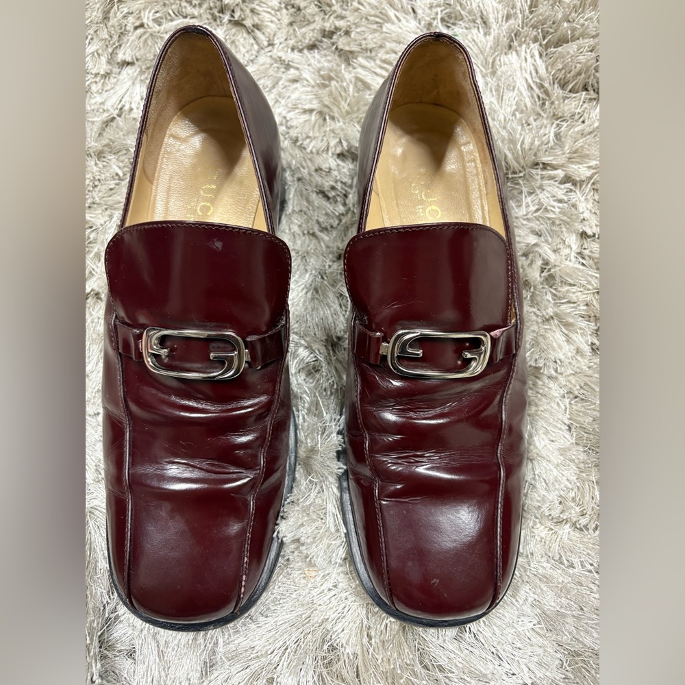Vintage Gucci Dark Red Loafers with Silver Gucci accent
